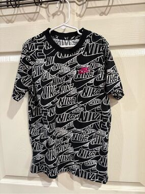 Nike Black & White All-Over Logo Tee with Pink Swoosh